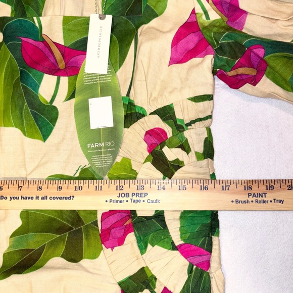Farm Rio Anthurium Leaves Dress‎ Puff Sleeve Square Neck Linen Blend Size L - Picture 8 of 14